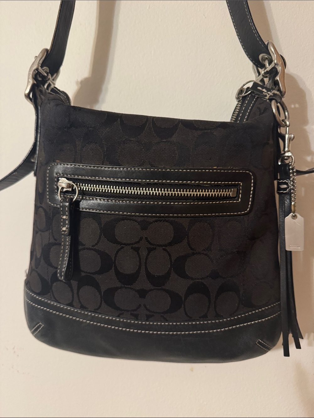 Coach Black/Brown Signature Canvas Crossbody with Leather Trim